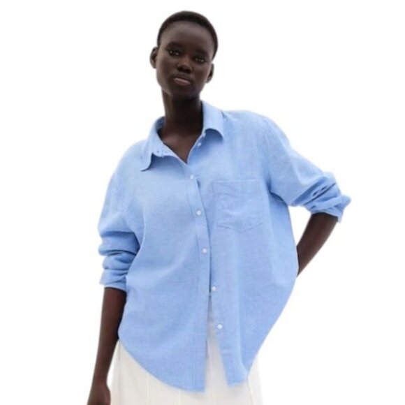 Zara blue long sleeve button down linen shirt size L - Picture 1 of 6